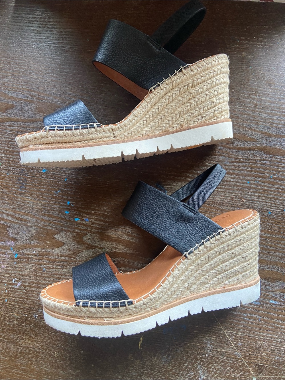 gentle souls Black Leather Wedge Sandals with Tan Footbed